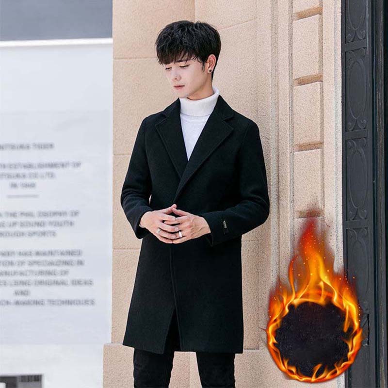 Men's Windbreaker Coat Youth Mid-length Plus Cotton Thick Coat Trendy Autumn and Winter Long Coat