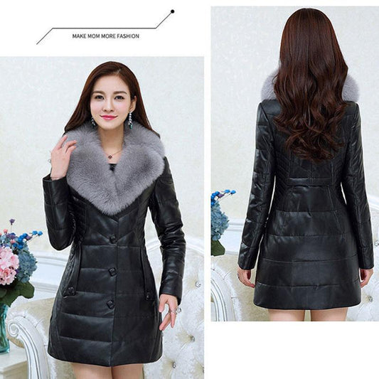 Winter Thick Leather Coat Slim Mid-length Windproof and Waterproof Leather Jacket with Fur Collar Plus Size Leather Trench Coat