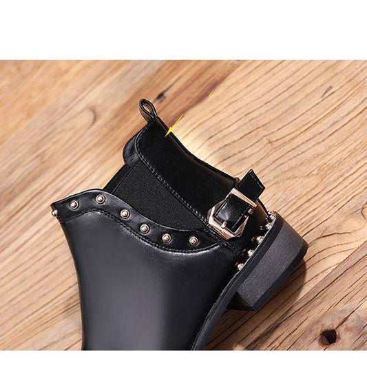 Leather Pointed Toe Thick Heels Chelsea Boots Women Back Rivets Decorate Ankle Martin Booties