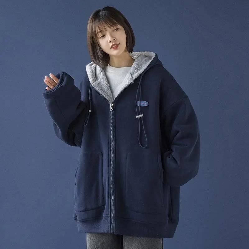 Retro Plus Size Lamb Wool Coat Plus Velvet Winter Oversize All-match Coat Ladies Zipper Cardigan Loose Hooded Sweater