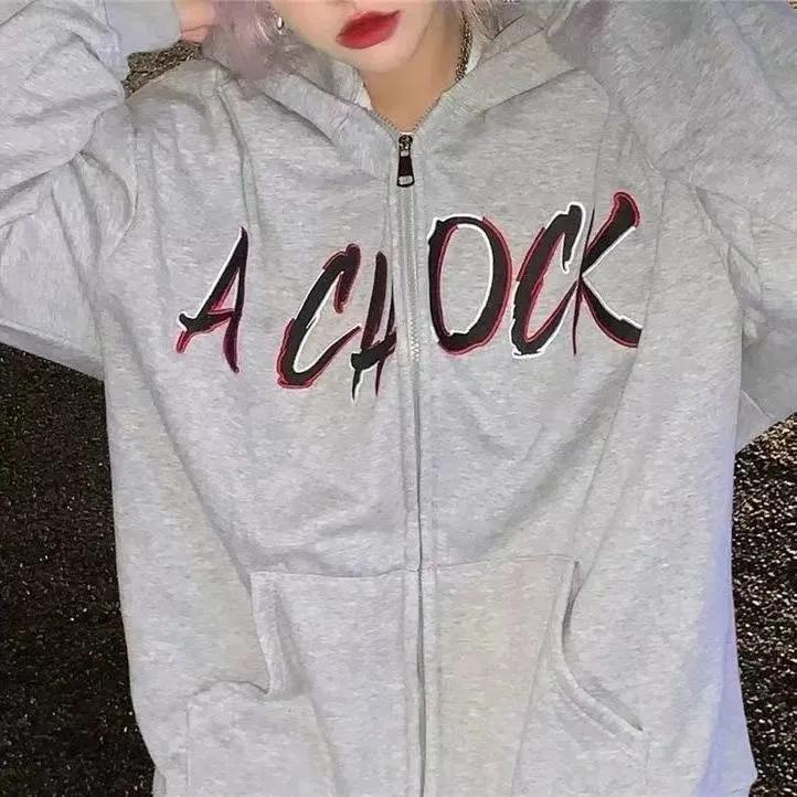 Women's Hooded Cardigan Thin Coat Sweater Autumn Student Korean Personality Loose Letter Printing Top Ins Ladies Clothes Zipper Jacket