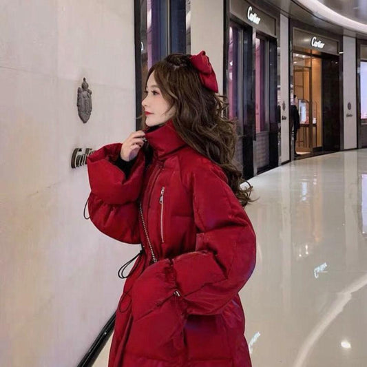 Jacket Women's Fall/winter Down Cotton Jacket Loose Korean Mid-length Section Waist Thickened Bright Silk Cotton Jacket Winter Thick Coat Cute
