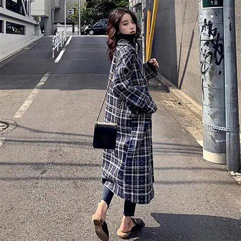 Autumn and Winter Woolen Coat Retro Plaid Mid-length Woolen Coat Thickened Plus Cotton Over-the-knee Plus Size Woolen Coat