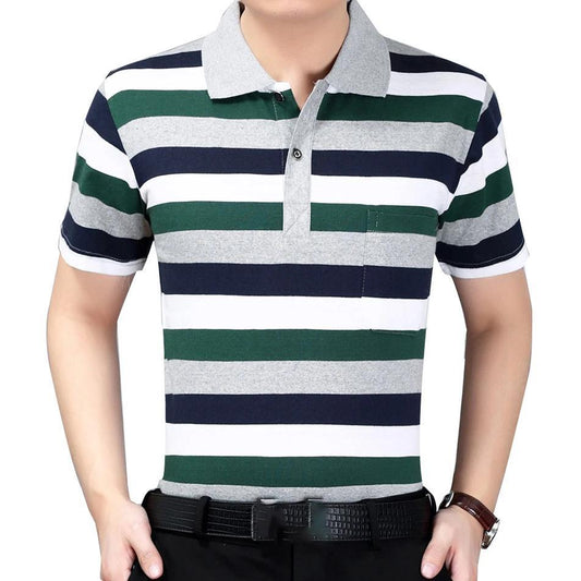 Summer Middle-aged Men's Short-sleeved T-shirt Lapel Dad Wear Summer Loose and Thin Half-sleeved Men's Striped Shirt