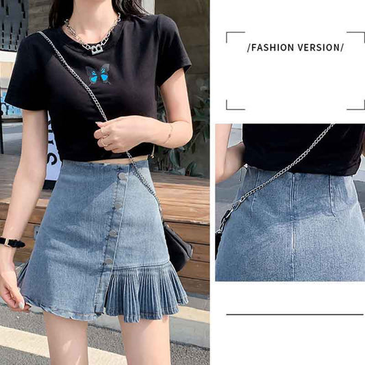Denim Skirt Women's High Waist Pleated Summer Irregular Fashion All-match Hip Skirt