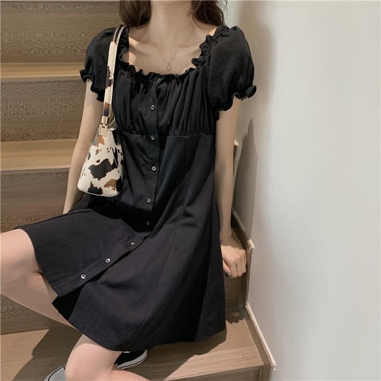 Little Lady Simple Solid Elegant Dress Vintage Square Collar Large Size Slim Graceful Party Dress