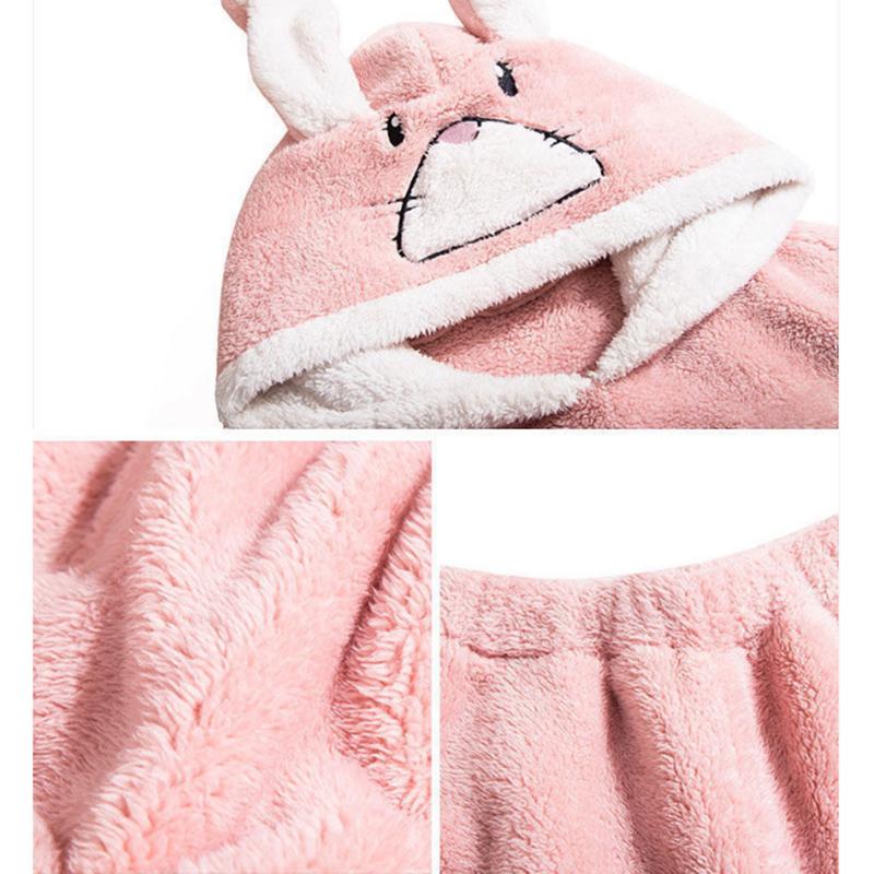 Women's Cute Cartoon Rabbit Ear Hooded Coral Fleece Pajamas Set Long Sleeves Thickened Velvet Winter Spring Flannel Warm Home Wear Sleeppingsuit