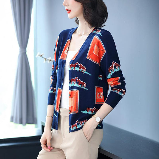 Autumn Winter Ladies Wool Cardigan Single-breasted 3D Printing Cardigan Coat