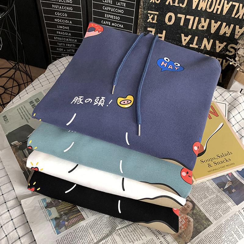 Autumn and Winter Cartoon Loose Hooded Sweater Men's Couple Print Pullover Jacket Student