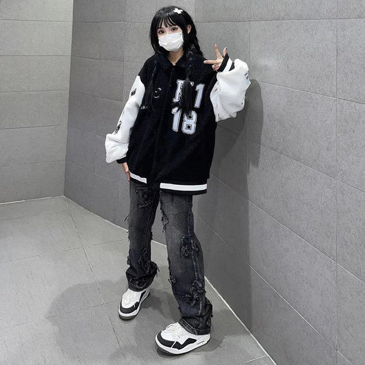 American Street Straight Jeans Female Autumn and Winter Models Hip Hop Letter High Waist Loose Slim Harsh Trousers Tide