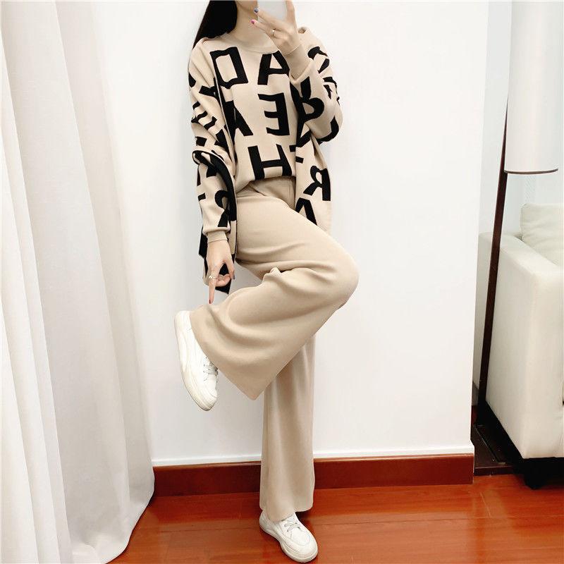 3pcs/set Knit Suit Women's Causul Letters Printed Knitted Sweater + Scarf+Knitted Pants 3 Piece Set Ladies Outfits Autumn Spring