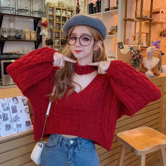 Spring Long-sleeved Sweater Women Loose Temperament Goddess Lazy Style Knit Sweater Top V-neck Pullover Loose Slim Knit Top