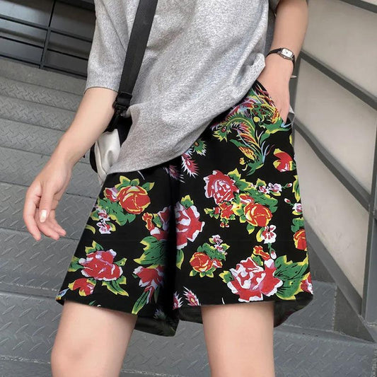 Women Summer Flower Printed Loose Pants Hip Hop Casual Shorts Male and Female High Waist Streetwear Shorts