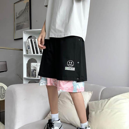 Summer Men's Thin Shorts Smiley Face Pattern Fake Two Loose Breathable Outer Wear Sports Pants Stitching Casual Five-point Pants