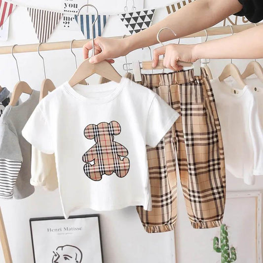 Children's Summer Suits Boys and Girls Cartoon Short-sleeved Thin Khaki Pants Breathable and Comfortable Baby Skin-friendly Two-piece