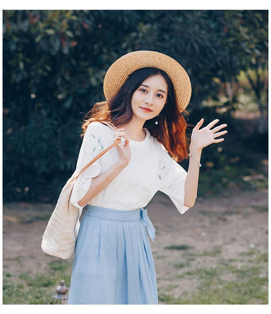 Pure Color White Flower Embroidery Women Loose Casual Short Sleeves Hipster Cotton Summer Tops