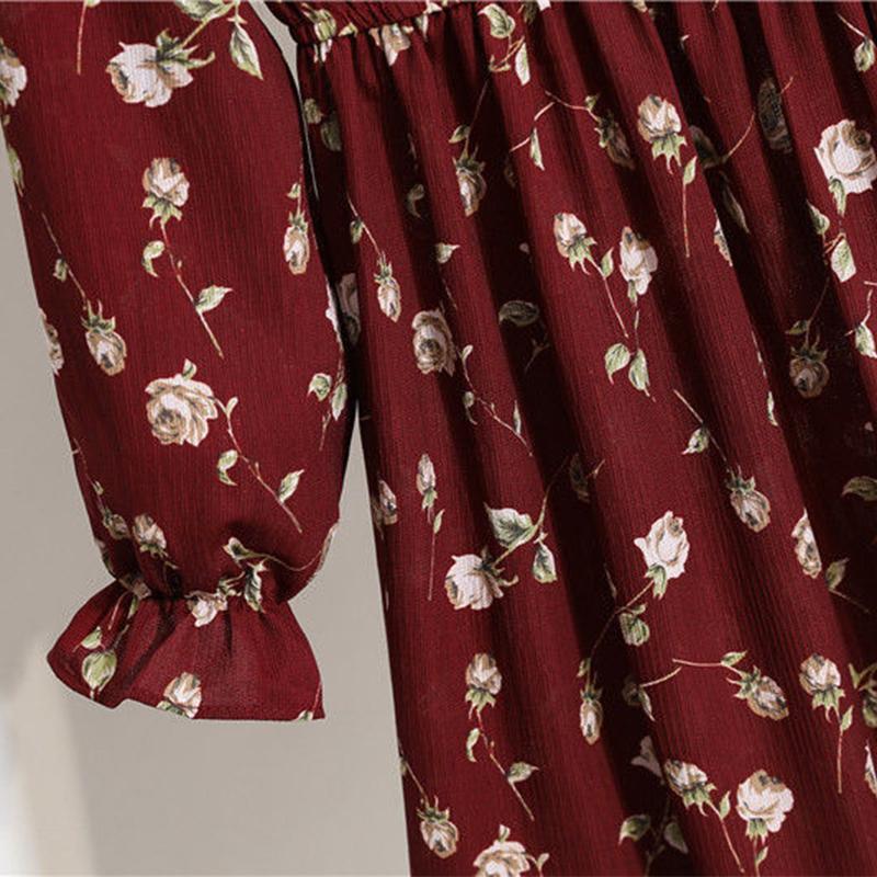 Women Dress Long Sleeve Casual Autumn DressKorean Style Vintage Floral Printed Chiffon Shirt Dress Bow Midi Summer Dress