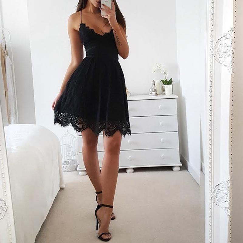 Summer Solid Color Lace Sexy Deep V-neck Thin Shoulder Strap Backless Dress Casual Beach