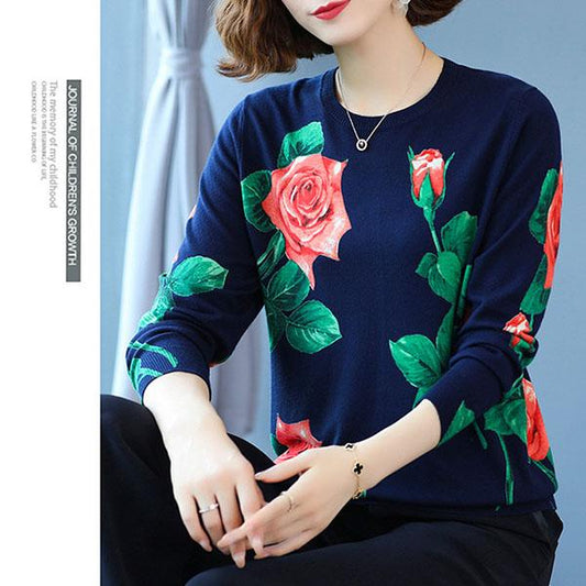 Ethnic Style Rose Print Sweater Women Fall Winter Casual Pullover Sweater Retro Plus Size Woolen Sweater