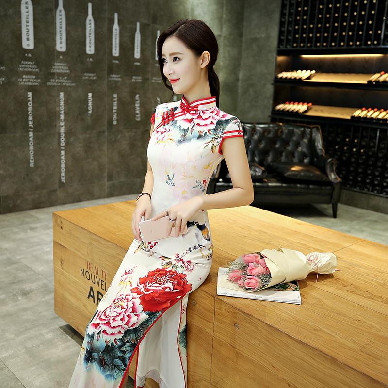 Chinese style large size slim split cheongsam woman summer long cheongsam skirt female dress