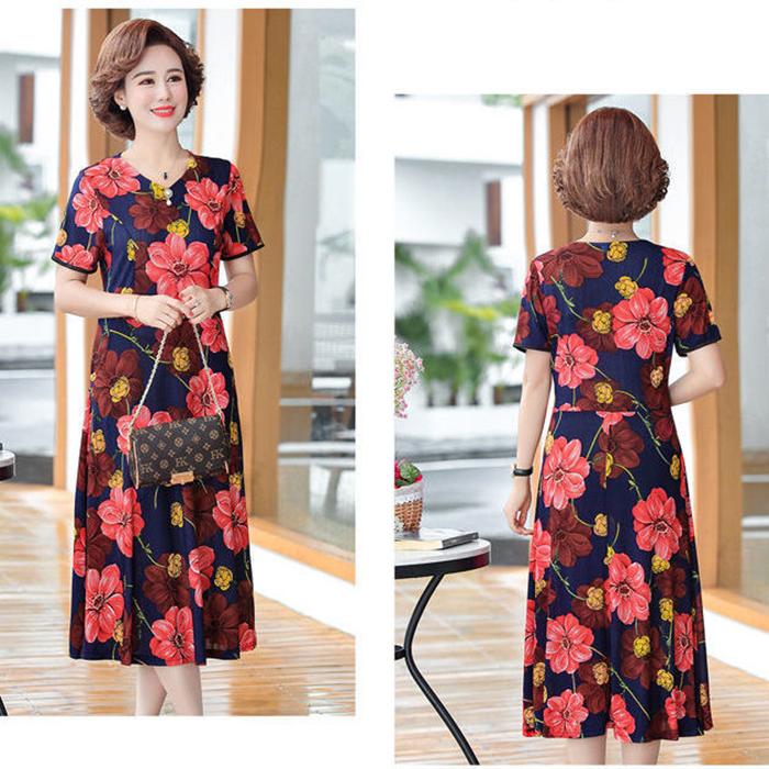 XL-XXXXXL Plus Size Summer Mid-length Printed Floral Ruffle Over-the-knee Dress V-Neck Short Sleeve A-line Skirt
