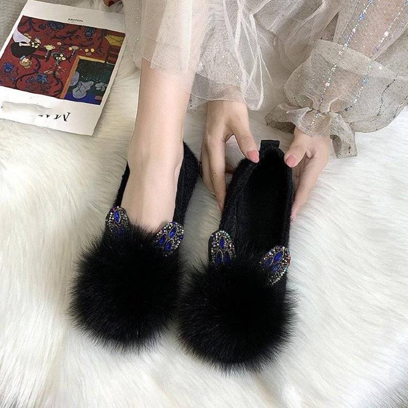 Hairy Shoes Women's Flat-soled Shoes Peas Shoes Round-toe Soft-soled Warm Cotton Shoes Non-slip Women's Shoes Moccasins