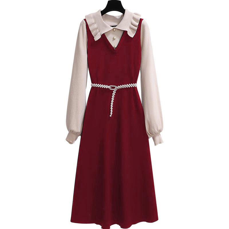 French A-line Board Waist Dress New Autumn and Winter with Fake Two-piece Base Skirt with Coat Long Skirt Temperament Suit