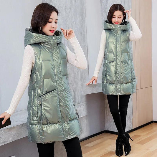 Glossy Disposable Down Cotton Vest Women's Mid-length Autumn and Winter Thick Padded Coat Vest Loose Hooded Waistcoat