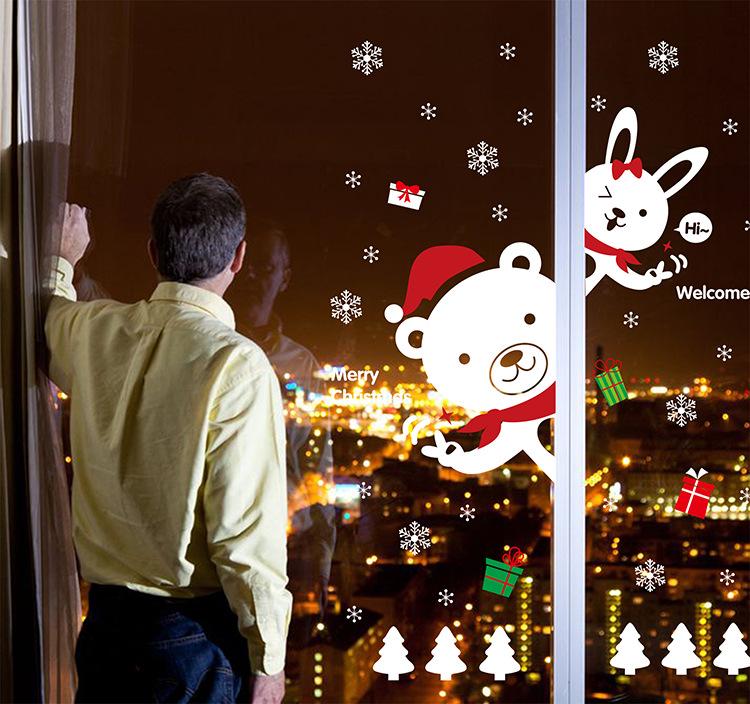Christmas Wall Sticker Shopping Mall Shop Decoration Window Glass Door Sticker Rabbit Bear Snowflake