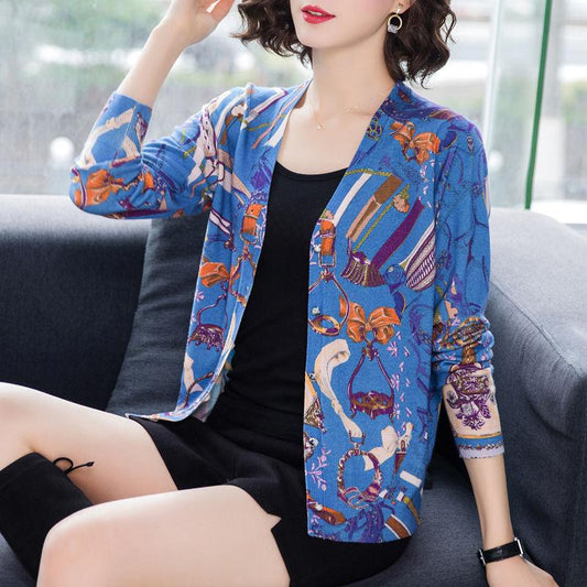 Bohemian Printed Cardigan Women's High-end Thin Short Knitted Jacket Loose Wool Cardigan Plus Size Woollen Sweater Outer Wear
