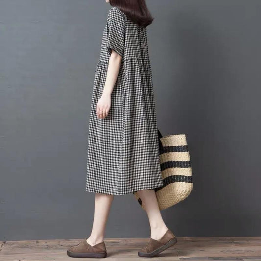 Cotton Literary Plaid Dress Women's Short-sleeved Summer Loose Large Size Was Thin Retro Mid-length Dress
