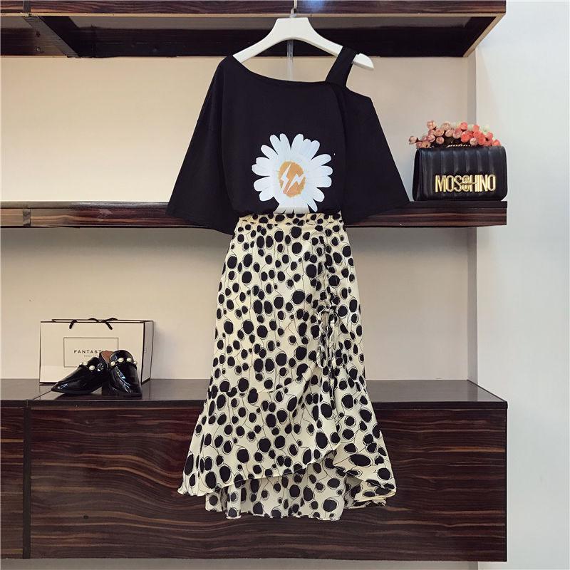 Summer Plus Size Skirt Set Women's Printed Short Sleeve Off-shoulder T-shirt Polka Dot Asymmetric Mermaid Skirt 2 Piece Set
