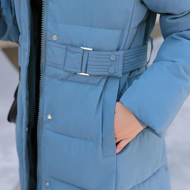 Winter Detachable Hat Fashion Leisure Long Knee Down Cotton Jacket Women's Belt Slim Thickened Cotton Jacket