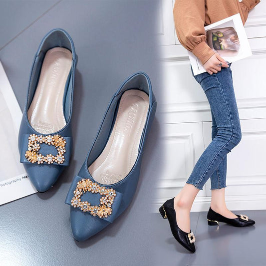Real Soft Leather Shallow Mouth Thick Heel Pointed Toe Single Shoes Women Spring and Autumn All-match Rhinestone Flat Shoes