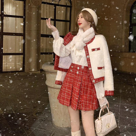 2pcs/set Women's Sets Two-piece Female Skirt Suit Red Woolen Coat and Plaid Pleated Skirt 2 Piece Set Ladies Outfits
