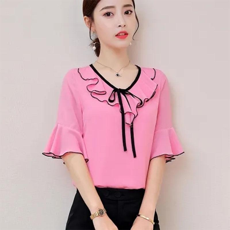 Short -sleeved Chiffon Shirt Female Summer Flared Sleeve Shirt Female
