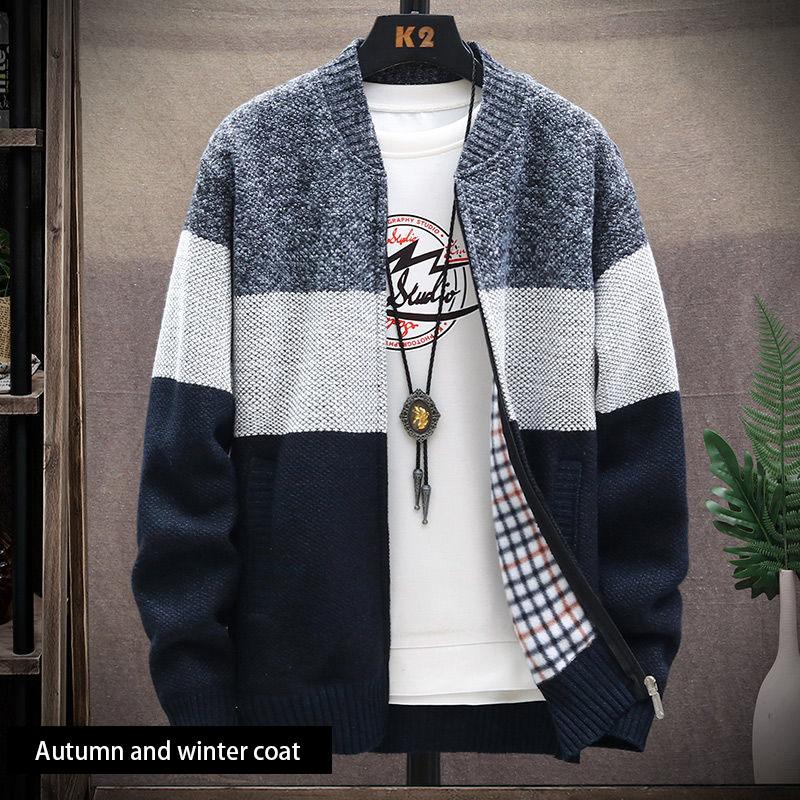 Men's Fashion Trend Knit Sweater Cardigan Autumn and Winter Men's Jacket Plus Velvet Padded Stand Collar Sweater Jacket
