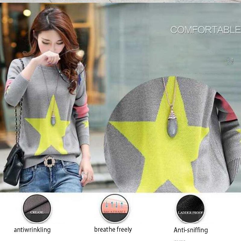 Pofulove Women's Knit Pullover Sweater top Double-layer Thick round neck Pentagram printing Jumper Long Sleeve Knitted Sweater coat