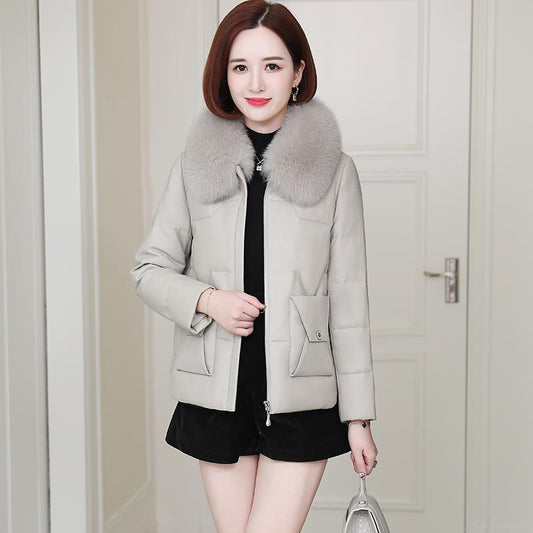 PU Leather Down Cotton Jacket Women's Short Leather Jacket Thick Fur Collar Imitation Fur Korean Coat Winter