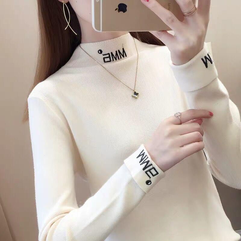 Pofulove Women Letter embroidered turtleneck sweater winter warm pullover knit bottoming jumper