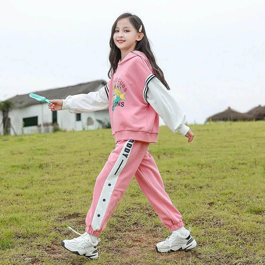 Girls' Suits Spring and Autumn Children's Loose and Casual Hooded Color-blocking Long-sleeved Tops Contrast Color Design Trousers Two-piece Set