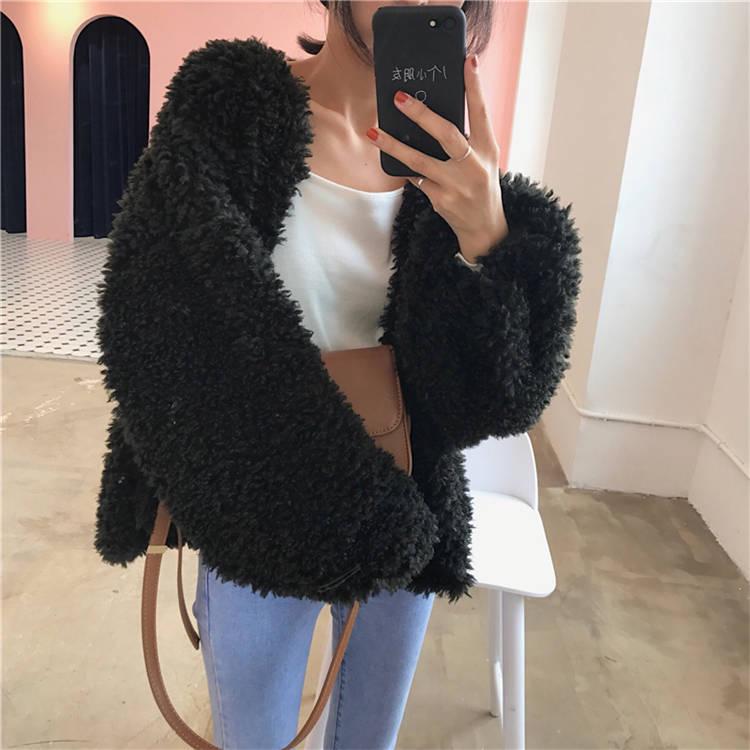 Harajuku Coat Women Long Sleeve Crew Neck Imitation Lambskin Jacket Casual Loose pink Outwear