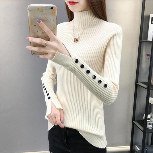 Autumn and Winter Half Turtleneck Loose Bottoming Shirt Button Split Sleeve Sweater Slim Casual Knit Sweater