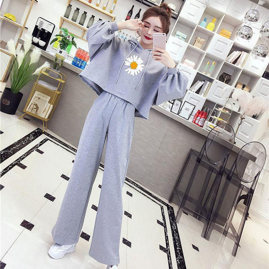 Hooded Long-sleeved Loose Warm Hoodie + Wide-leg Trousers Casual Two-piece Women's Thin Suit Is Simple Lightweight and Comfortable