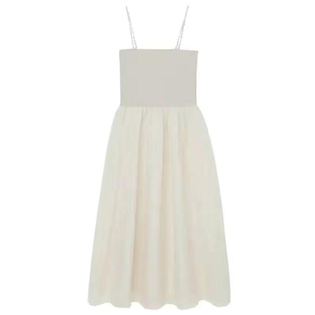 Female Spring and Summer French Elegant Super Xiansen Soft Snow Textile Long V-neck White Suspender Dress
