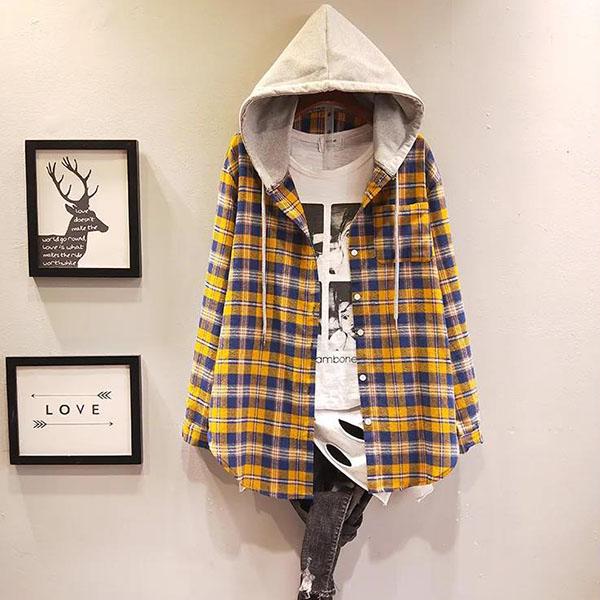 Women's Plaid Hooded Cardigan Long Sleeve Blouse Female Autumn and Spring Large Size Loose Coats