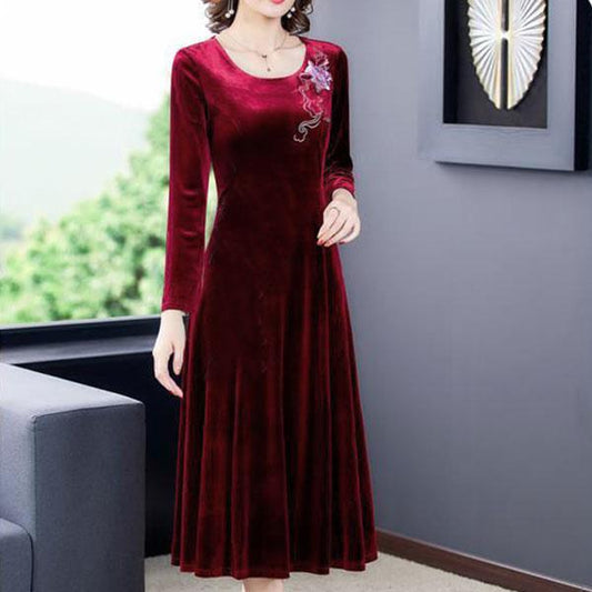 Gold Velvet Women's Mid-length Dress Round Neck Slim Fit Covering Belly Plus Size Mother Skirt Women's Clothing