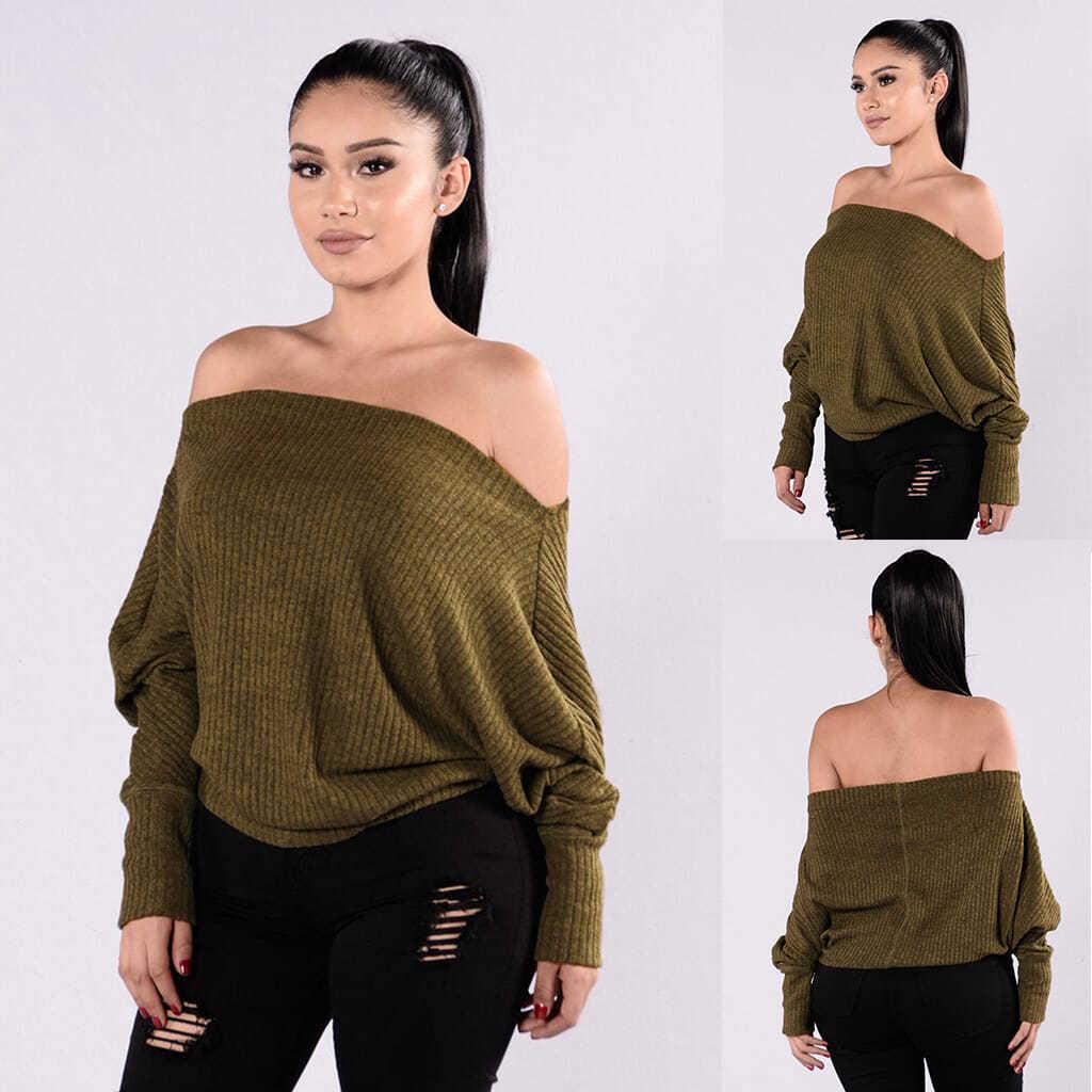 Pofulove Sexy Lady Off-the-shoulder Sweater Solid Color Knitwear Long Sleeve Loose Pullover Jumper