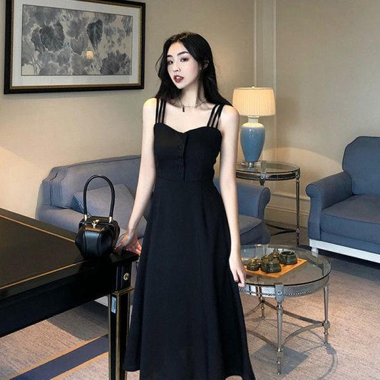 Summer Off-shoulder Suspender Dress Sexy Slimming Long Black Dress Women