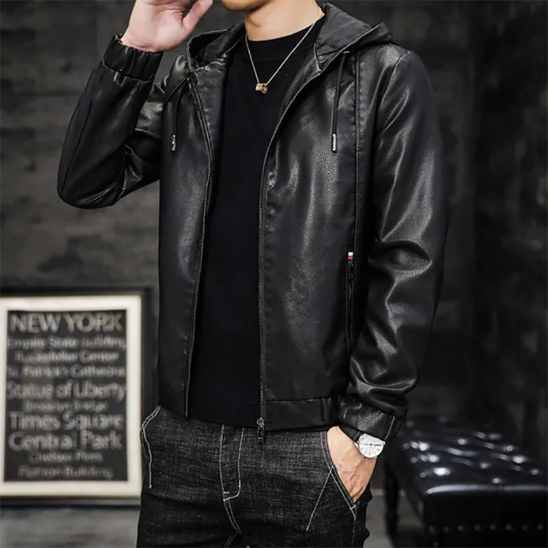 Men's Leather Jacket Autumn Fashion Youth Motorcycle Leather Sheep Leather Hooded Jacket Men